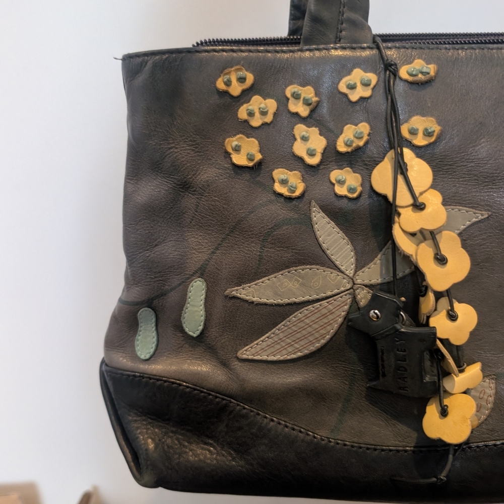 Radley Floral Appliqué Leather Hand Bag - Black Grey with Yellow Accents - Picture 5 of 11